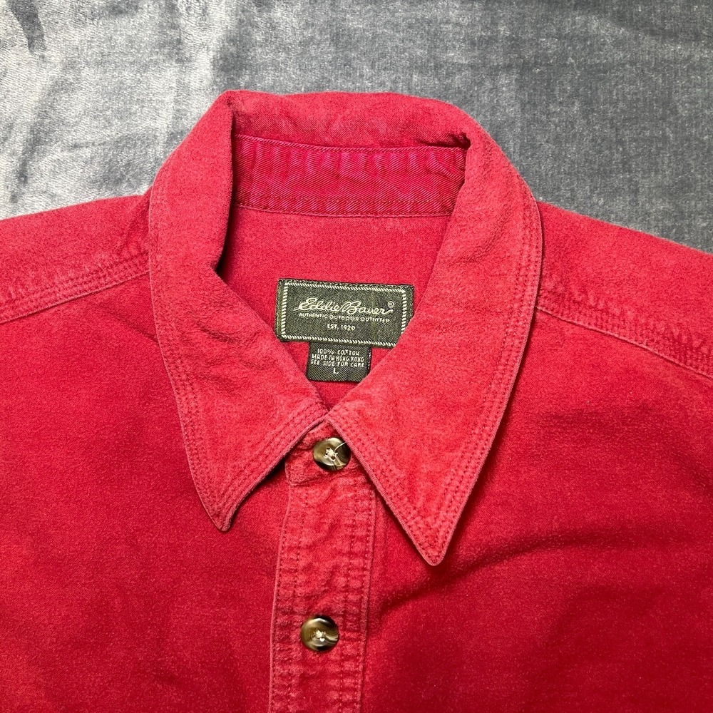 Vintage Eddie Bauer Shirt Men's Large Red Chamois Cloth Flannel Pockets Outdoors - Picture 3 of 10